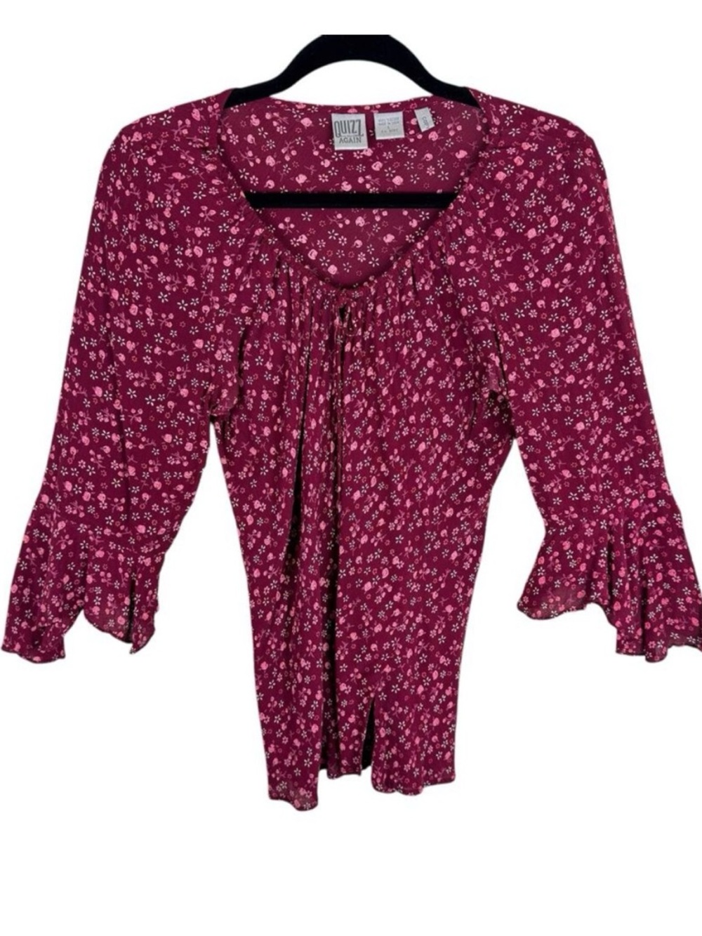 Quizz Again‎ Vintage Pink Floral V-Neck 3/4 Sleeve Lightweight Viscose Blouse L